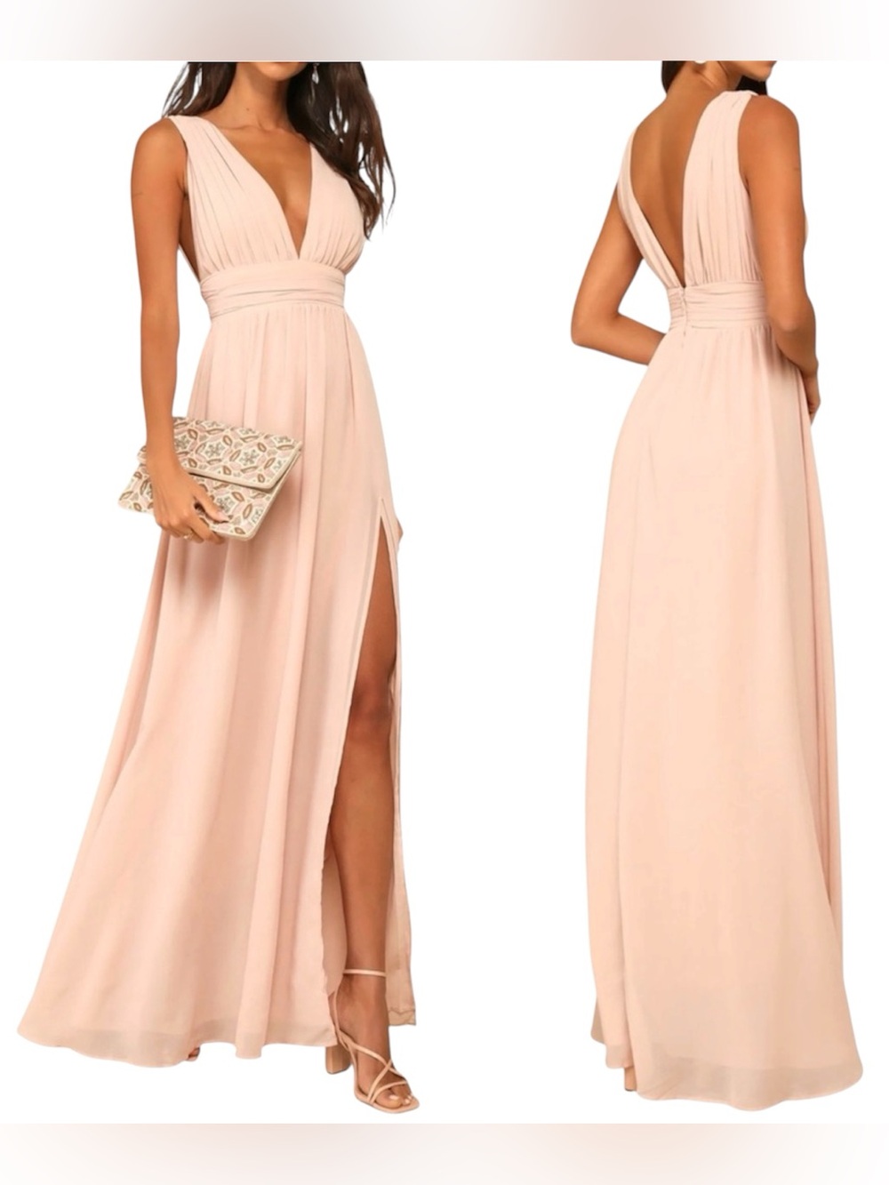 NWT Lulus Heavenly Hues Blush V-Neck Maxi Gown Dress